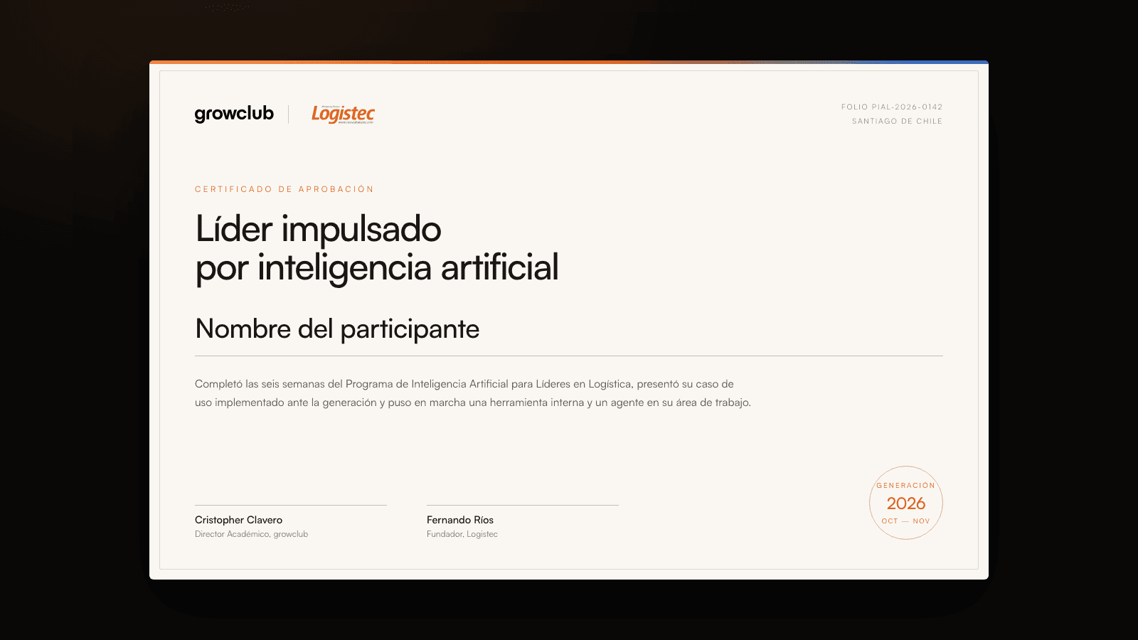 Certificado Líder impulsado por inteligencia artificial, firmado por growclub y Logistec