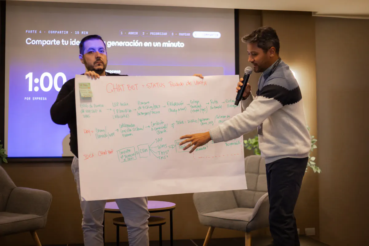 Dos participantes presentan su resultado en un papelógrafo
