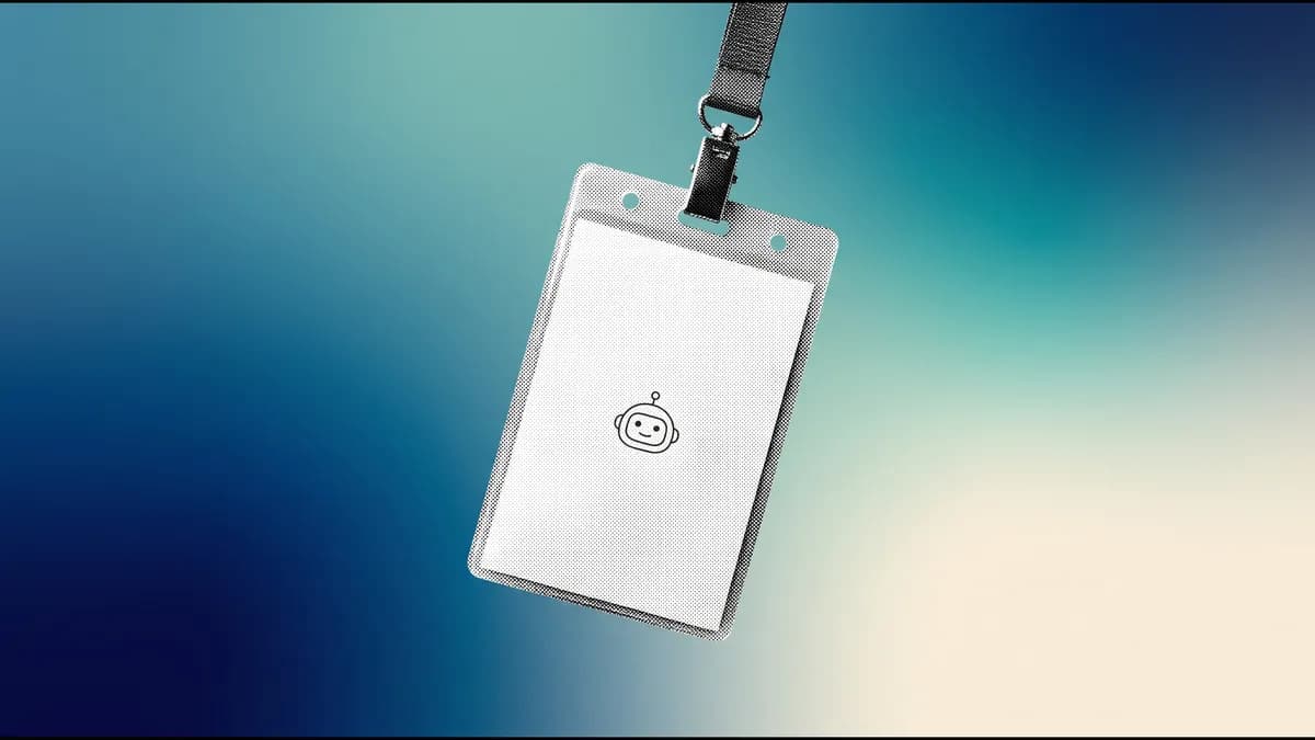 Credencial de identificación en blanco con un pequeño ícono de robot, colgada de una cinta, en blanco y negro sobre un fondo degradado azul, verde azulado y crema