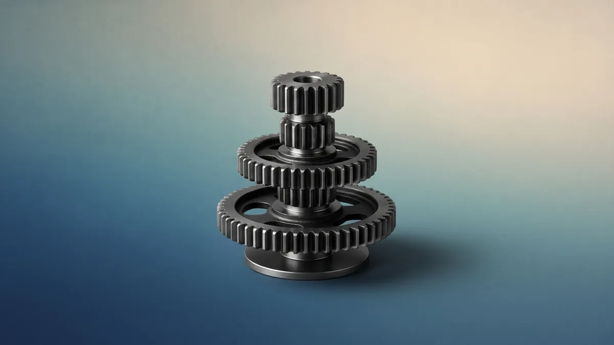 Tres engranajes de metal apilados de distinto tamaño sobre una base, en blanco y negro sobre un fondo degradado azul petróleo, verde azulado y crema