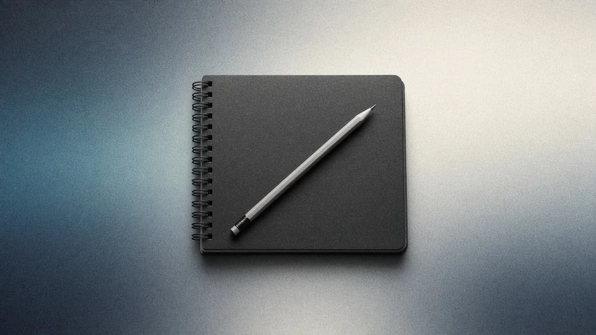 Libreta de espiral cerrada con un lápiz encima, centrada, en blanco y negro sobre un fondo degradado azul, verde azulado y crema