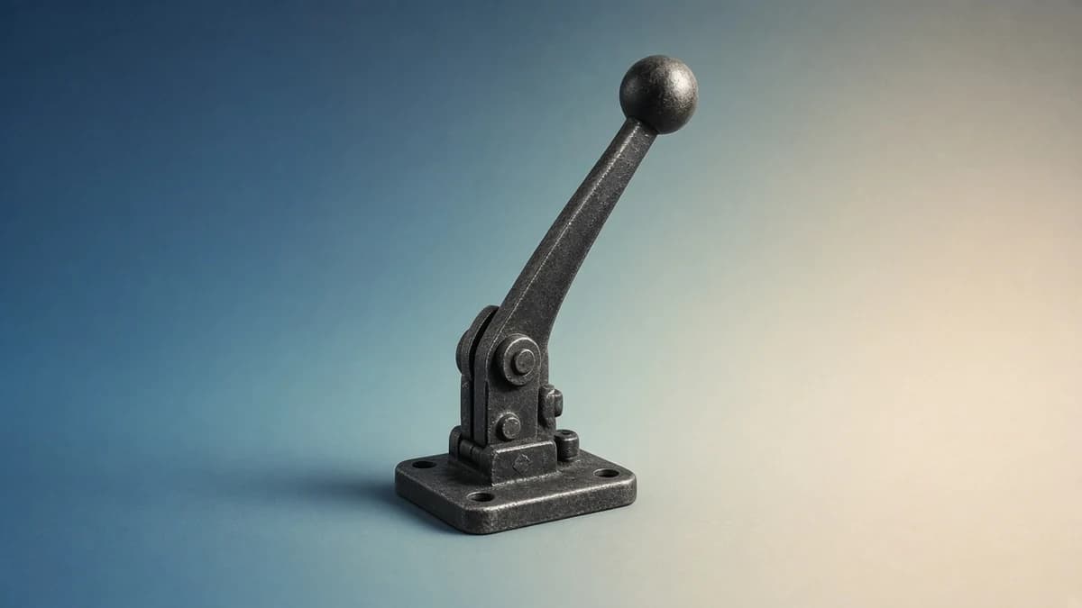 Palanca de freno industrial de metal sobre una base atornillada, centrada, en blanco y negro sobre un fondo degradado azul, verde azulado y crema