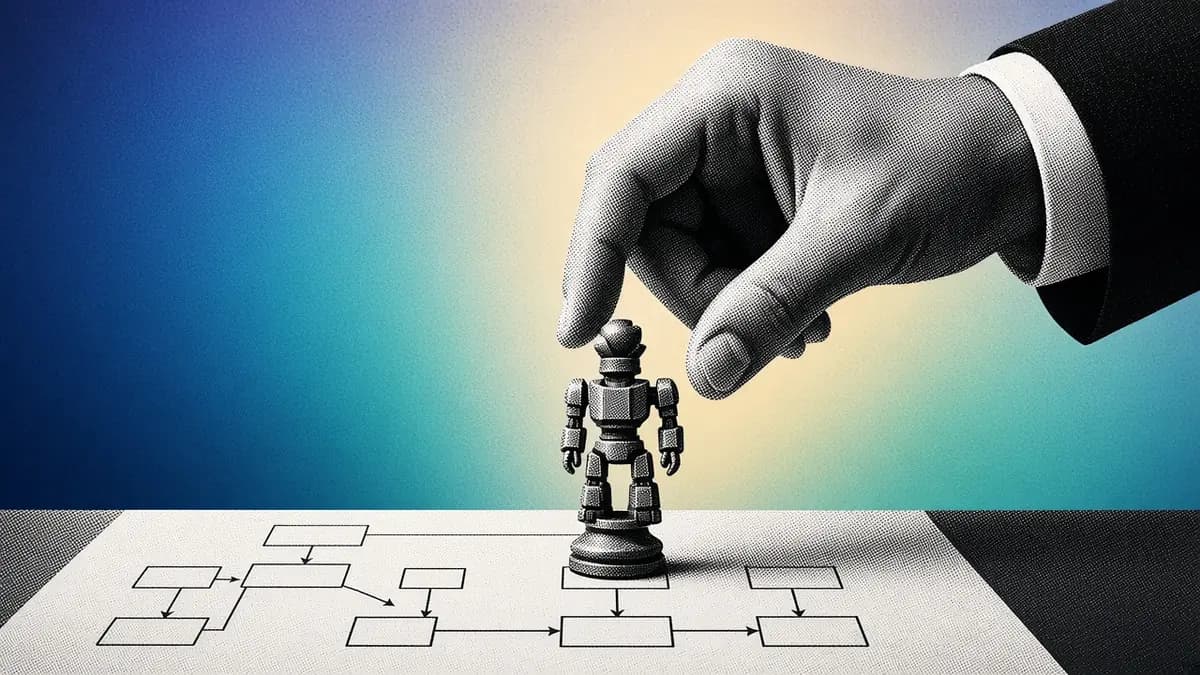Mano de un ejecutivo colocando una pieza de ajedrez con forma de robot sobre un diagrama de procesos